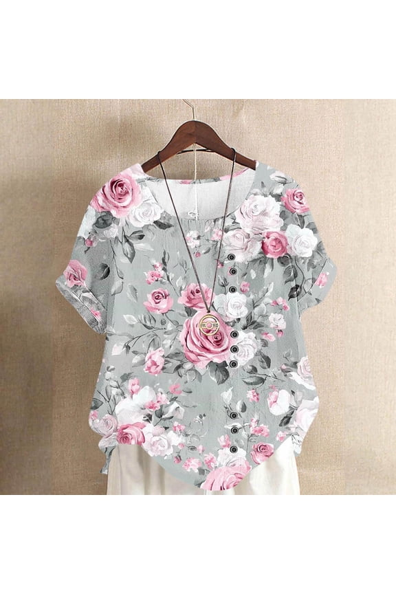 Short-Sleeve Women's Top 2026 Style Cotton-Linen Blend Button-Up V-Neck T-Shirt Summer Beach Vacation Sheer Shirt