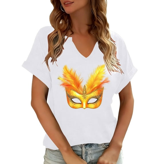 YueHuiYing Short Sleeve Womens Tops Fashion V Neck Blouses Carnival Printed Casual Pleated Tunic Tops Loose Fit Work Shirts