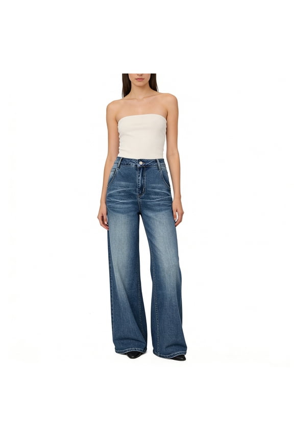 Spring/Summer High-Waisted, Wide-Leg, Vintage-Washed, Bleached, Loose-Fit, Straight-Leg, Floor-Length Pants