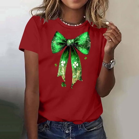 YueHuiYing St Patrick's Day V Neck Shirts for Womens Irish Green Bow Graphic Tee Funny Heart Printed Short Sleeve Shirts Tops