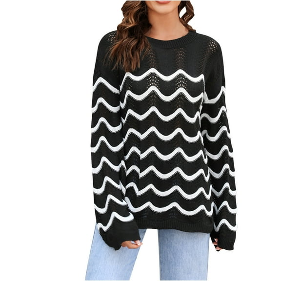 YueHuiYing Sweaters for Women Comfortable Printing Crewneck Striped Cute Color Block Fall Winter Knitted Pullover Tops