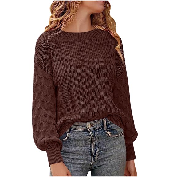YueHuiYing Sweaters for Women Fashion Solid Crewneck Loose Fit Long Sleeve Contrast Knit Pullover Sweater Jumper Tops