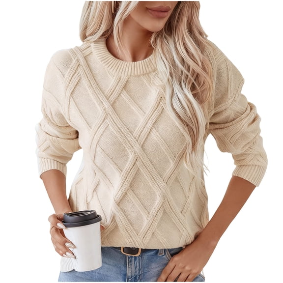 YueHuiYing Sweaters for Women Trendy Crewneck Long Sleeve Color Block Sweater Tops Fall Chunky Cable Knit Pullover Sweaters