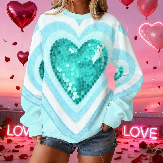 YueHuiYing Valentine Lover's round-neck Sweatshirt for Womens Love Heart Grahic Long Sleeve Shirt Casual Valentines Gifts Pullover Tops