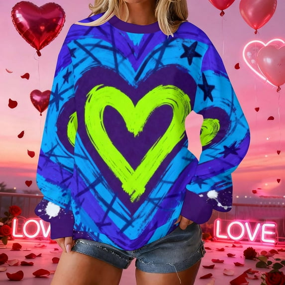 YueHuiYing Valentine Lover's round-neck Sweatshirt for Womens Love Heart Grahic Long Sleeve Shirt Casual Valentines Gifts Pullover Tops