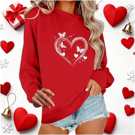 YueHuiYing Valentine's Day Embedded Letter Print Women's Crew Neck Long Sleeve Oversized Hoodless Casual Sweatshirt