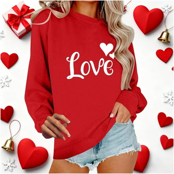 YueHuiYing Valentine's Day Heart Cluster “LOVE” Print Women's Crewneck Long-Sleeve Oversized Hoodless Sweatshirt