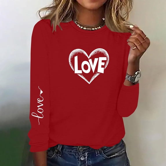 YueHuiYing Valentine's Day Heart + Slogan Print Women's Long-Sleeve Crew Neck Casual Pullover Top