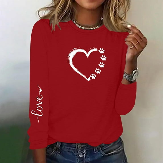 YueHuiYing Valentine's Day Large Heart + Letter Print Women's Long-Sleeve Crew Neck Casual Fashion Pullover T-Shirt