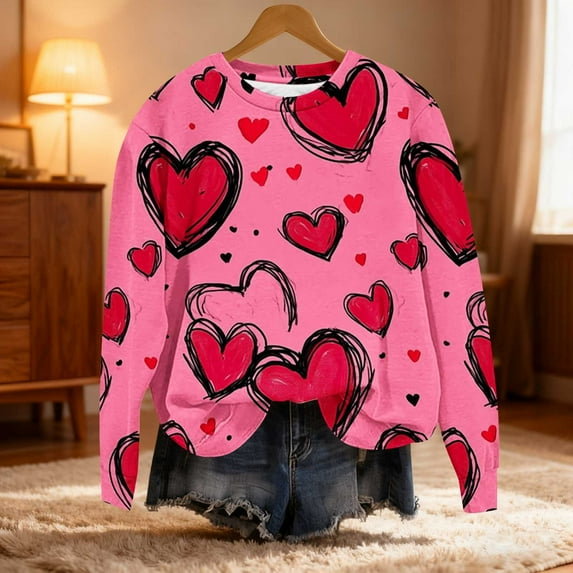 YueHuiYing Valentine's Day Minimalist Red Background White Heart Print Women's Loose-Fit Crewneck Long-Sleeve Hoodless Sweatshirt