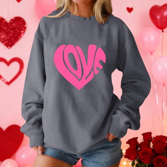 YueHuiYing Valentine's Day Romantic Pink Heart Print Women's Oversized Crewneck Long Sleeve Hoodless Sweatshirt