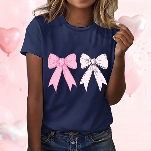 YueHuiYing Valentines T Shirts for Women Casual Fashion Cute Printing Graphic Tees Round Neck Short Sleeved Blouses T-shirt Top