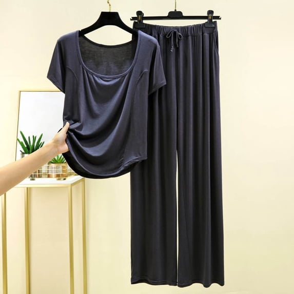 YueHuiYing Woman's Leisure Loose Solid Color Round Neck T-shirt Pajamas Pants Cool Homewear Pajama Set