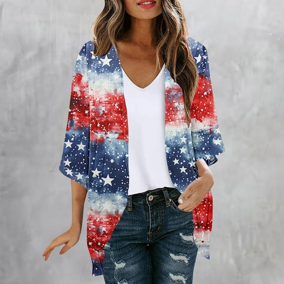 YueHuiYing Women American Flag Kimono 4th of July Cover Up Lightweight Cardigan 4th of July Outfits for Women