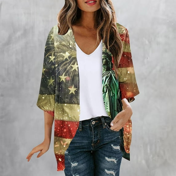YueHuiYing Women American Flag Kimono 4th of July Cover Up Lightweight Cardigan 4th of July Outfits for Women