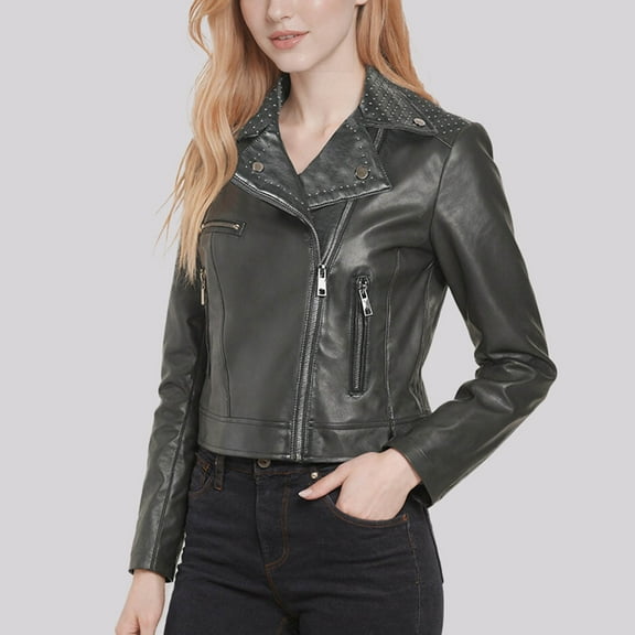 YueHuiYing Women Buttery Soft Faux Leather Motorcycle Moto Biker Short Jacket, Stretchy Sleeve Asymmetrical Stylish Coat