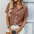 thumbnail image 1 of YueHuiYing Women Button Down Blouse Short Sleeve V Neck Collared Cropped Shirt Tops Slim Fit Plaid Going Out Tops, 1 of 8