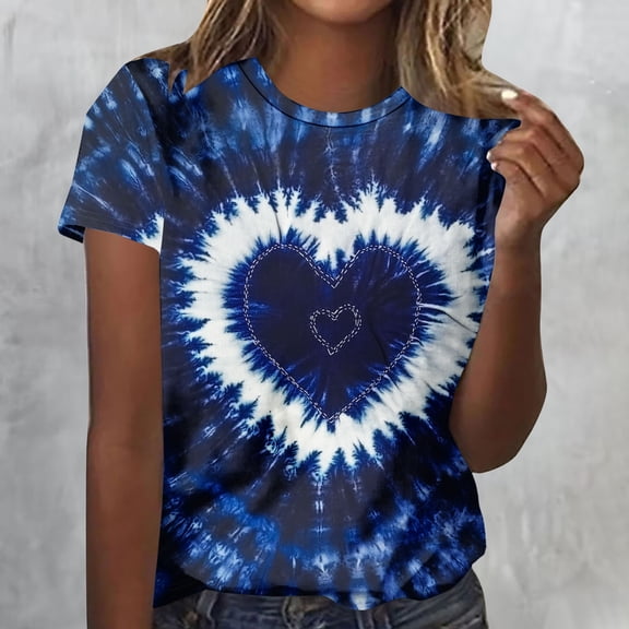 YueHuiYing Women Fashion Valentines Day Shirts Cute Short Sleeve Tops Spring Round Neck Lightweight Blouse Heart Pattern Tee