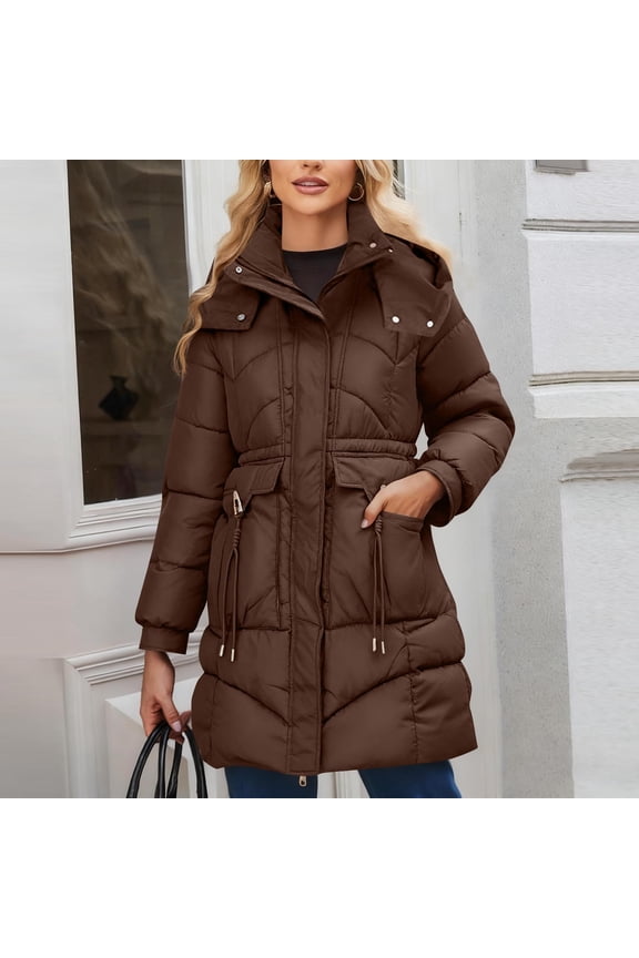 Women Fashionable And Casual Long-sleeved Parkas With A Hood Pocket Cinched Waist And Zipper