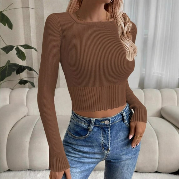 YueHuiYing Women Fashionable Long-sleeved Round-Neck Blouses Solid Buttoned Knitted Sweater Pullover Top