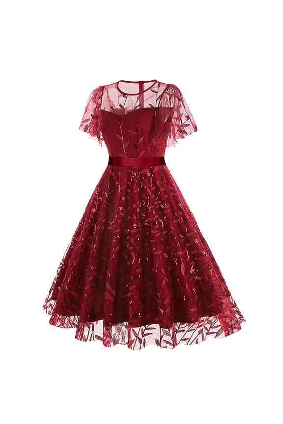 Women Floral Embroidery Dress Sheer Mesh Ruffle Sleeve Illusion Vintage Cocktail Swing Dress Tulle Dinner Dress