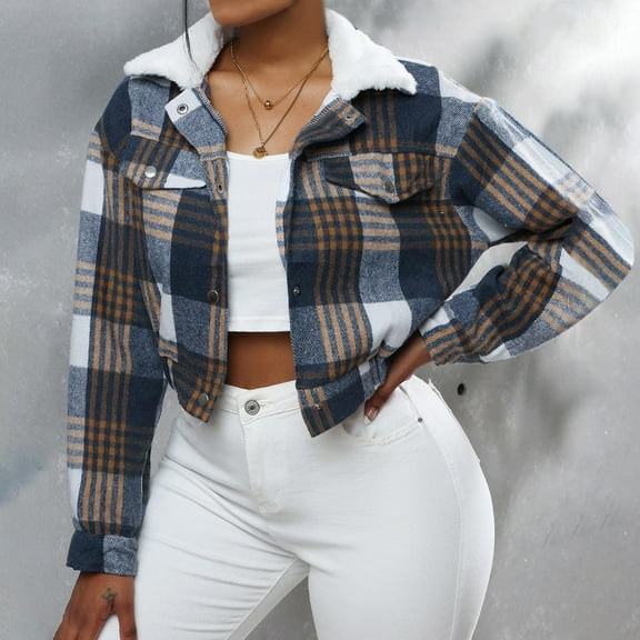 YueHuiYing Women Gingham Long Sleeve Sweater Button Down Blouses V Neck Plaid Tops Casual Business Thickened Outfits