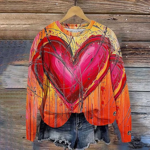 YueHuiYing Women Heart Print Sweater Romantic Round Neck Shirt Valentine Love Cute Graphic Long Sleeve Pullover Top