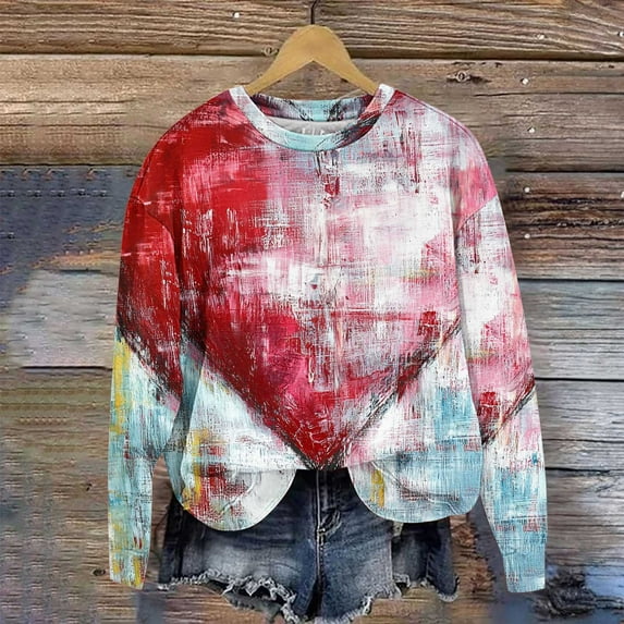 YueHuiYing Women Heart Print Sweater Romantic Round Neck Shirt Valentine Love Cute Graphic Long Sleeve Pullover Top