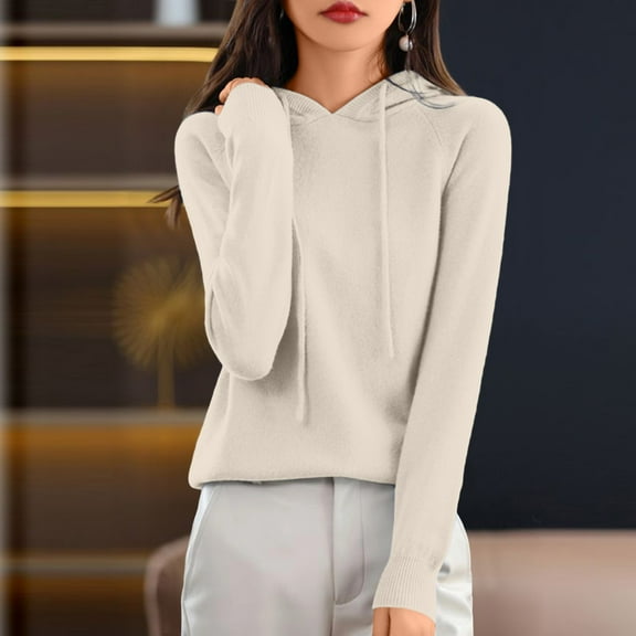 YueHuiYing Women Hooded Sweater Winter Long Sleeved Knitted Outerwear Drawstring Casual Pullover Sweater