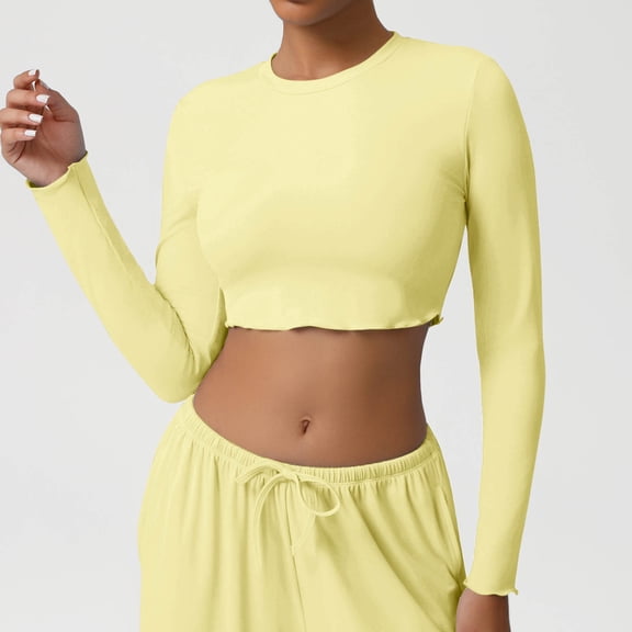 YueHuiYing Women Long Sleeve Crewneck Crop Top Sweatshirt Casual Loose Fit Workout Cropped Pullover Shirts