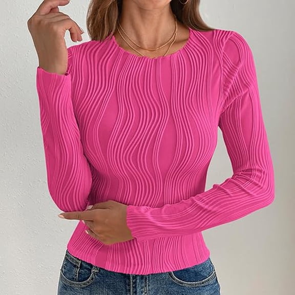 YueHuiYing Women Long Sleeve Round-Neck Blouses Shirts Casual Textured Slim - Fitting Fashion Stretch Knit Top
