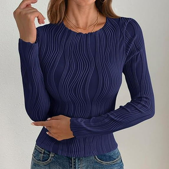 YueHuiYing Women Long Sleeve Round-Neck Blouses Shirts Casual Textured Slim - Fitting Fashion Stretch Knit Top