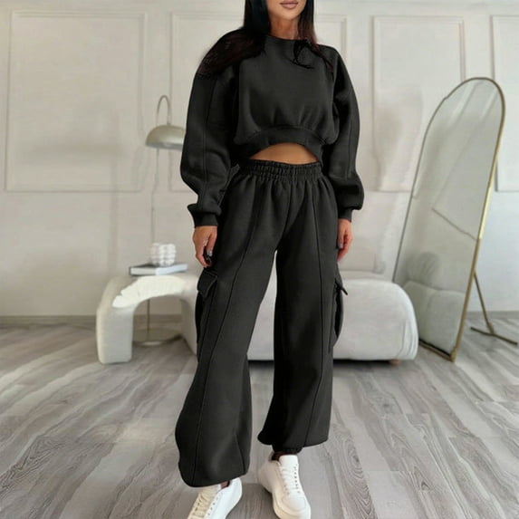 YueHuiYing Women'S Solid Color Casual Crew-Neck Long-Sleeved Trousers And Tight-Waist Suit