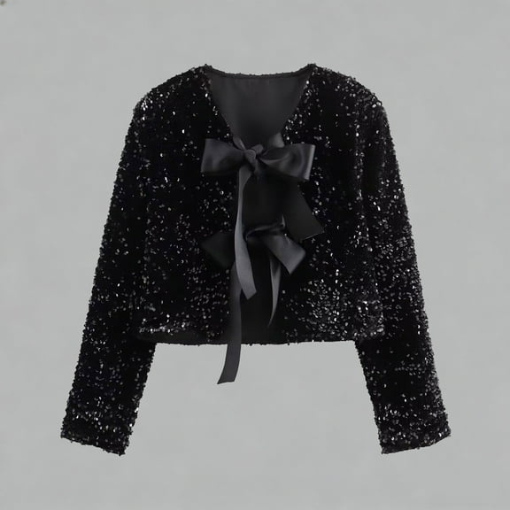 YueHuiYing Women Sequin Open-Front Crop Cardigan With Big Bow Decoration Round Neckless Short Fashion Party