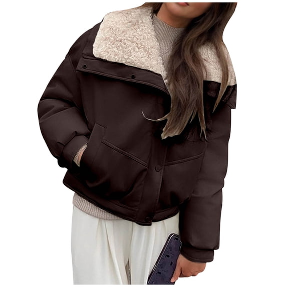 YueHuiYing Women Short Jackets Winter Cropped Coat Padded Full Zip Stand Collar Outerwear with Pockets