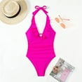 thumbnail image 1 of YueHuiYing Women Solid-Color V Neck One Piece Swimsuit Halter Backless Ruched Tummy Control Bathing Suit, 1 of 5