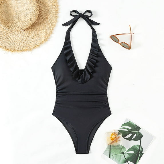 YueHuiYing Women Solid-Color V Neck One Piece Swimsuit Halter Backless Ruched Tummy Control Bathing Suit