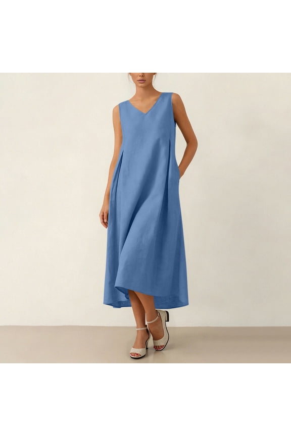 Women Summer Casual Dresses 2026 Sleeveless Midi Pleated Tank Sundress with Pockets V Neck A Line Swing Tshirt Dress