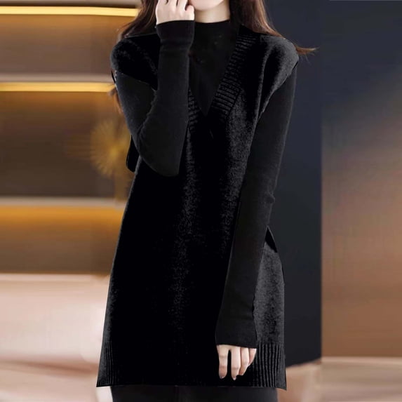 YueHuiYing Women Sweater Vest Oversized V Neck Sleeveless Knit Pullover Ribbed with Comfy Pockets
