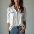 thumbnail image 1 of YueHuiYing Women White Collared Long Sleeve Relaxed Button-Down Shirt With Contrast Stitching Embellished Pockets, 1 of 1