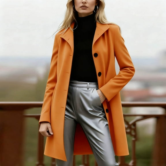 YueHuiYing Women Winter Notch Lapel Long Sleeve Breasted Thickened Mid-Length Mid-Long Trench Coat