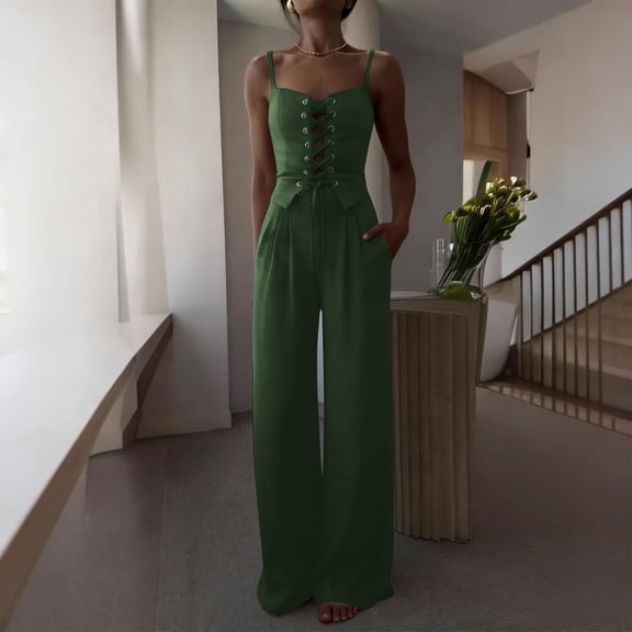 YueHuiYing Women's 2 Piece Outfit Thick Strap Button Front Tank Top with Wide Leg Pants Casual Outfit Sets