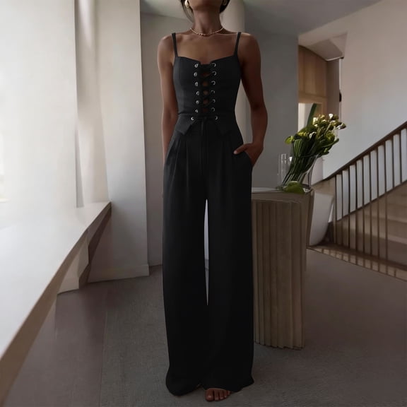 YueHuiYing Women's 2 Piece Outfit Thick Strap Button Front Tank Top with Wide Leg Pants Casual Outfit Sets