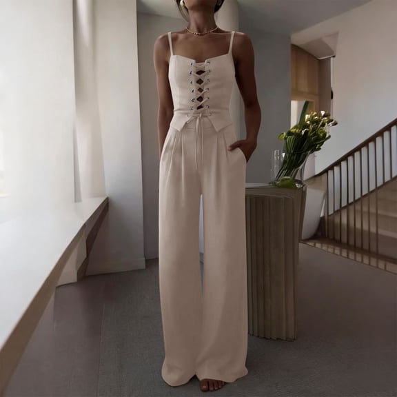 YueHuiYing Women's 2 Piece Outfit Thick Strap Button Front Tank Top with Wide Leg Pants Casual Outfit Sets