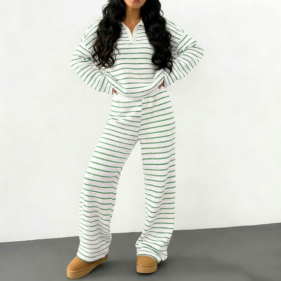 YueHuiYing Women's 2 Piece Sets Striped Long Sleeve Collared Tops Shirt Wide Leg Pants Matching Set