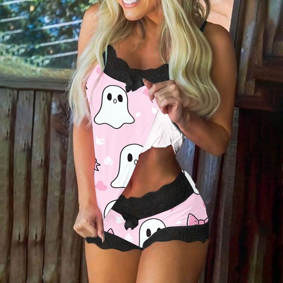 YueHuiYing Women's 2 Sets Pajama Cute Pj Sets Bow Lace Sling Sleepwear Sleeveless Tank Top and Shorts Pajama Set