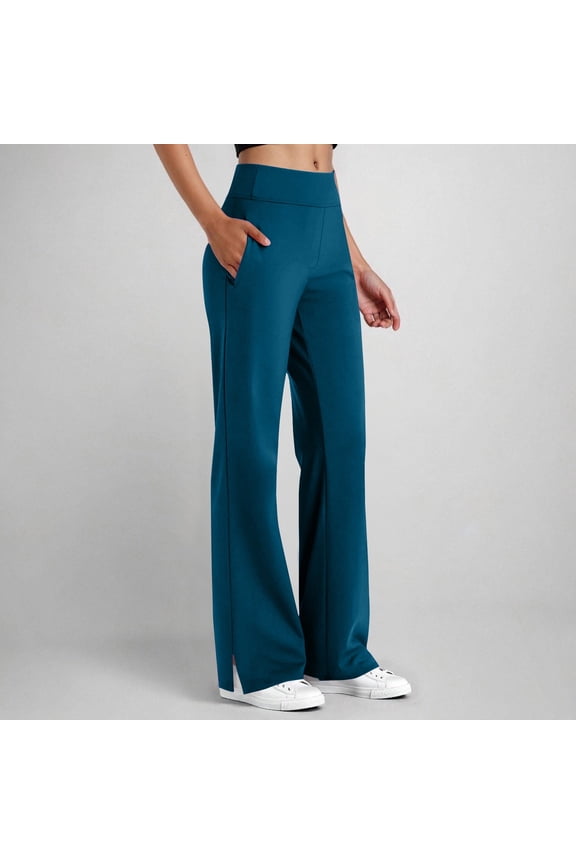 Women's Athletic Casual Solid-Color Fashion Elastic Waistband Side-Pocket Skinny Pants with Side Slits