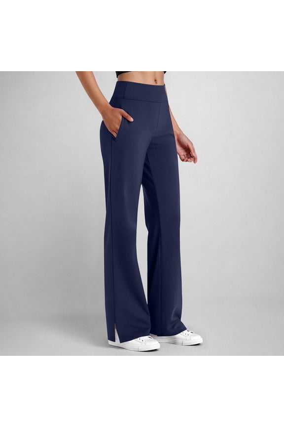 Women's Athletic Casual Solid-Color Fashion Elastic Waistband Side-Pocket Skinny Pants with Side Slits