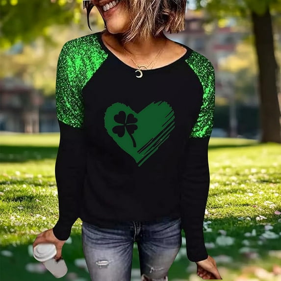 YueHuiYing Women's Black Base Green Shamrock Portrait Print T-Shirt - Crew Neck Long Sleeve Hoodless Design Festive Casual Fashion Top
