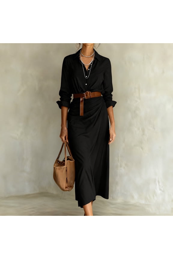 Women's Black Sheath Dress with Mandarin Collar and Belt Long Sleeve Elegant Polyester Midi Dress for Office Events Black 2XL